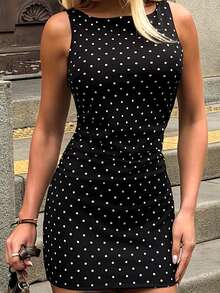Sandy Gomes 波點無袖抓皺腰身修身短款優雅女裝洋裝，適合春夏派對 - 黑色 - 查看 4