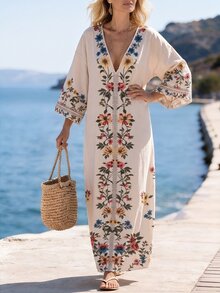 SHEIN Holidaya 印花宽松长裙，休闲沙滩裙，印花长款罩衫裙，适合度假、旅行、海滩、户外休闲、日常生活、购物、朋友聚会、东南亚/海岛旅行、主题活动、夏季户外派对、野餐、轻便度假装 - 彩色 - 查看 4