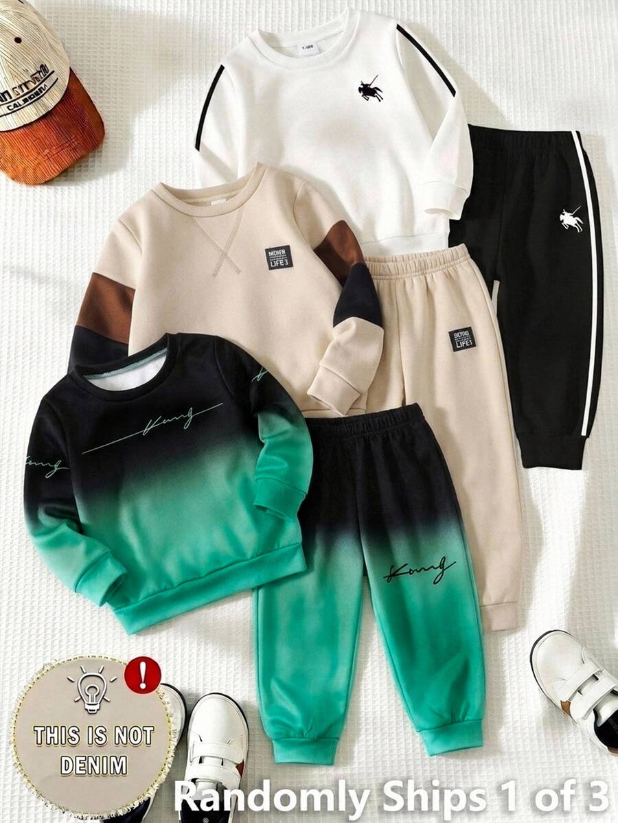 SHEIN 2件組 Yong Boys 可愛休閒日常舒適綠色漸層街頭風圖案印花圓領運動衫與針織慢跑褲套裝,適合外出、日常聚會,秋冬季兒童穿著 - 彩色 - 查看 1
