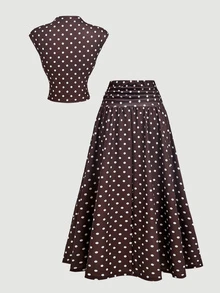 SHEIN MOD 女款波點印花立領短袖上衣與裙子兩件套 - 棕色 - 查看 4