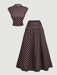 SHEIN MOD 女款波點印花立領短袖上衣與裙子兩件套 - 棕色 - 查看 3