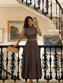 SHEIN MOD 女款波點印花立領短袖上衣與裙子兩件套 - 棕色 - 查看 2