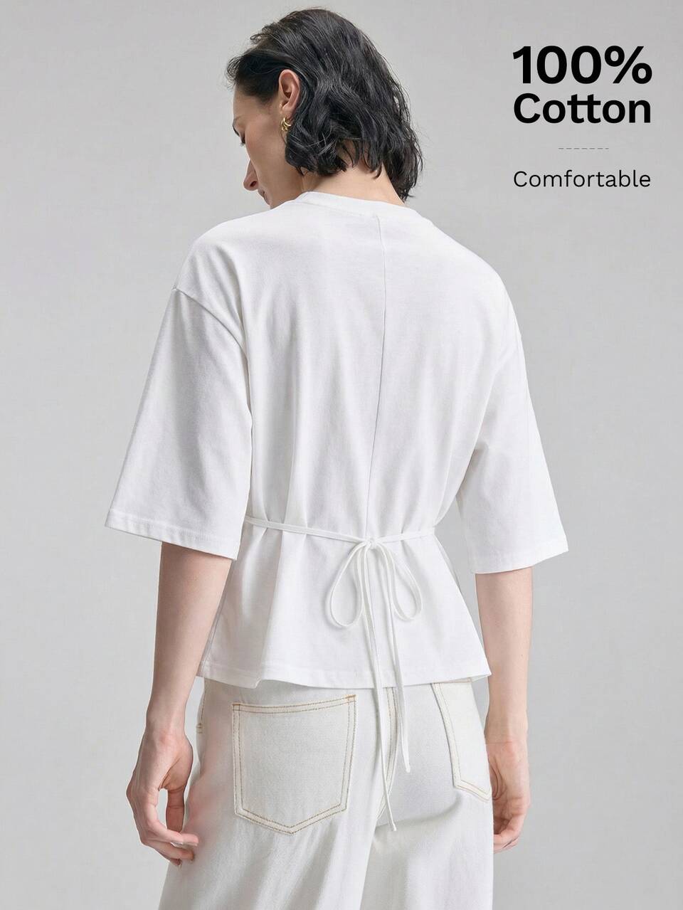 Women's Structured Line White Waist-Cinched T-Shirt Dress,All White,Summer,Basics,Casual,Occasion,Peter Pan Collar Long Dress,Urban Daily