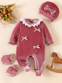 SHEIN 3件組新生女嬰連身包屁衣套裝，可愛公主風灰粉色天鵝絨蝴蝶結蕾絲荷葉邊長袖圓領，柔軟舒適生日秋季芭蕾絨毛款 - 淺粉色 - 查看 4