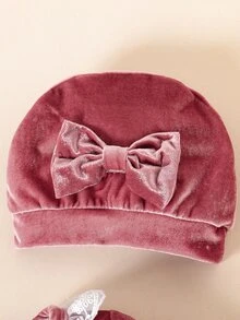 SHEIN 3件組新生女嬰連身包屁衣套裝，可愛公主風灰粉色天鵝絨蝴蝶結蕾絲荷葉邊長袖圓領，柔軟舒適生日秋季芭蕾絨毛款 - 淺粉色 - 查看 6