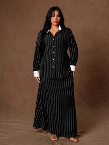 Rustia Plus Striped Print Belted Blouse & Skirt - Multicolor - View 3