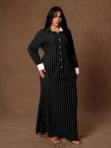 Rustia Plus Striped Print Belted Blouse & Skirt - Multicolor - View 6