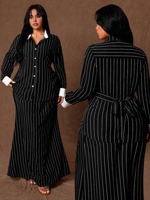Rustia Plus Striped Print Belted Blouse & Skirt - Multicolor - View 1