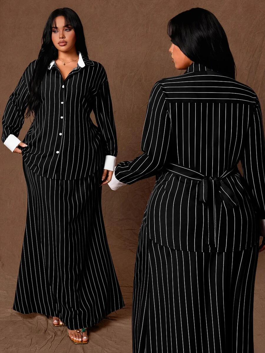 Rustia Plus Striped Print Belted Blouse & Skirt - Multicolor - View 1