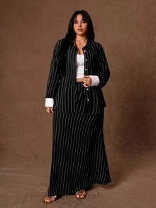 Rustia Plus Striped Print Belted Blouse & Skirt - Multicolor - View 7
