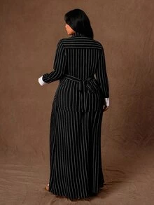 Rustia Plus Striped Print Belted Blouse & Skirt - Multicolor - View 2