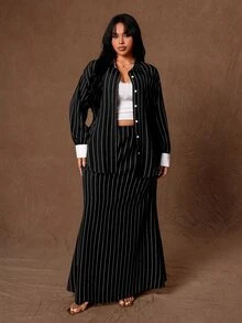Rustia Plus Striped Print Belted Blouse & Skirt - Multicolor - View 4
