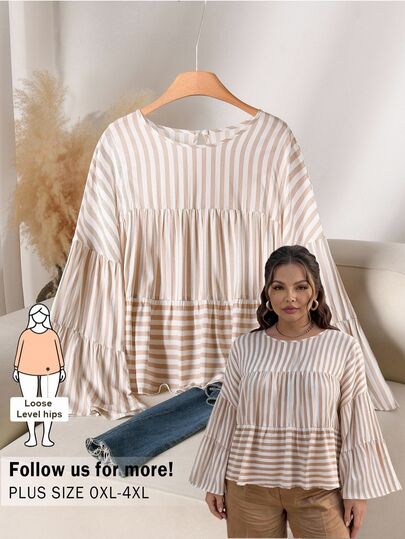 CosyJoli Plus Size Casual Round Neck Doll Style Cake A-Line Loose Fit Blouse Casual Daily Going Out Blouse For Women Fall/Winter Casual Going Out Blouse Women