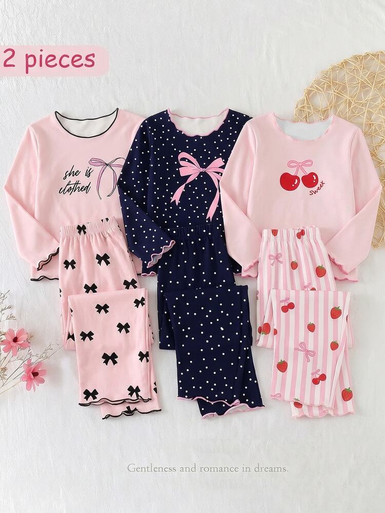 Baby Girl Pajamas, Infant All-Season Best-Seller, Navy Blue Base With Pink Bows And Polka Dot Print, Contrast Pink Collar, Cuffs And Hem With Ruffle Edge, Knit Long Sleeve Top And Long Pants, 2-Piece Set, 1Set - Multicolor - View 1