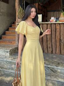 Modelyn 女士黄色梭织短袖收腰A字褶皱优雅浪漫中长连衣裙，春夏款 - 黃色 - 查看 4