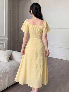 Modelyn 女士黄色梭织短袖收腰A字褶皱优雅浪漫中长连衣裙，春夏款 - 黃色 - 查看 3
