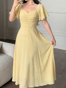 Modelyn 女士黄色梭织短袖收腰A字褶皱优雅浪漫中长连衣裙，春夏款 - 黃色 - 查看 6