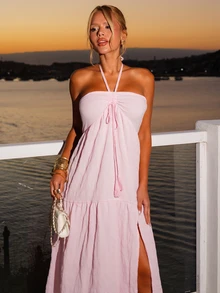 Sandy Gomes Vestido sin mangas con cuello halter, espalda descubierta y abertura lateral para mujer, estilo europeo, nueva moda de verano, cintura anudada, casual para vacaciones y fiesta, elegante, rojo y rosa - Rosa - Ver 3