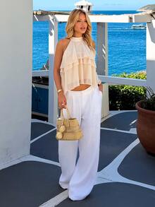 Sandy Gomes Halter Neck Ruffled Cake Chiffon Blouse Beach Vacation, Summer Holiday, Tropical, Resort Wear, - Beige - View 4