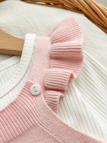 SHEIN Newborn Baby Girl Pink Knit Jumpsuit, Knitted Overalls, Soft And Comfortable For Autumn/Winter, Rabbit Pattern - Dusty Pink - View 2