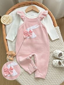 SHEIN Newborn Baby Girl Pink Knit Jumpsuit, Knitted Overalls, Soft And Comfortable For Autumn/Winter, Rabbit Pattern - Dusty Pink - View 5