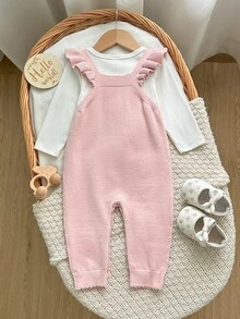 SHEIN Newborn Baby Girl Pink Knit Jumpsuit, Knitted Overalls, Soft And Comfortable For Autumn/Winter, Rabbit Pattern - Dusty Pink - View 4