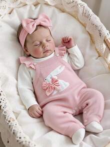 SHEIN Newborn Baby Girl Pink Knit Jumpsuit, Knitted Overalls, Soft And Comfortable For Autumn/Winter, Rabbit Pattern - Dusty Pink - View 1