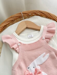SHEIN Newborn Baby Girl Pink Knit Jumpsuit, Knitted Overalls, Soft And Comfortable For Autumn/Winter, Rabbit Pattern - Dusty Pink - View 3