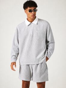 SUMWON Oversized Striped Rugby Shirt With Half Zip Placket Contrast White Collar Long Sleeve Chest Pocket Casual Pullover Top - Light Grey - View 1
