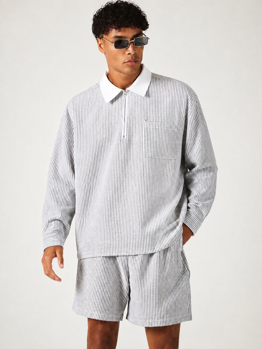 SUMWON Oversized Striped Rugby Shirt With Half Zip Placket Contrast White Collar Long Sleeve Chest Pocket Casual Pullover Top - Light Grey - View 1