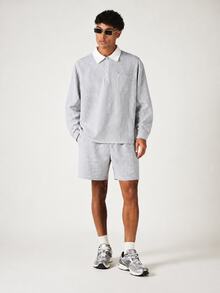 SUMWON Oversized Striped Rugby Shirt With Half Zip Placket Contrast White Collar Long Sleeve Chest Pocket Casual Pullover Top - Light Grey - View 3