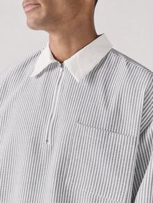 SUMWON Oversized Striped Rugby Shirt With Half Zip Placket Contrast White Collar Long Sleeve Chest Pocket Casual Pullover Top - Light Grey - View 2
