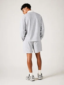 SUMWON Oversized Striped Rugby Shirt With Half Zip Placket Contrast White Collar Long Sleeve Chest Pocket Casual Pullover Top - Light Grey - View 4