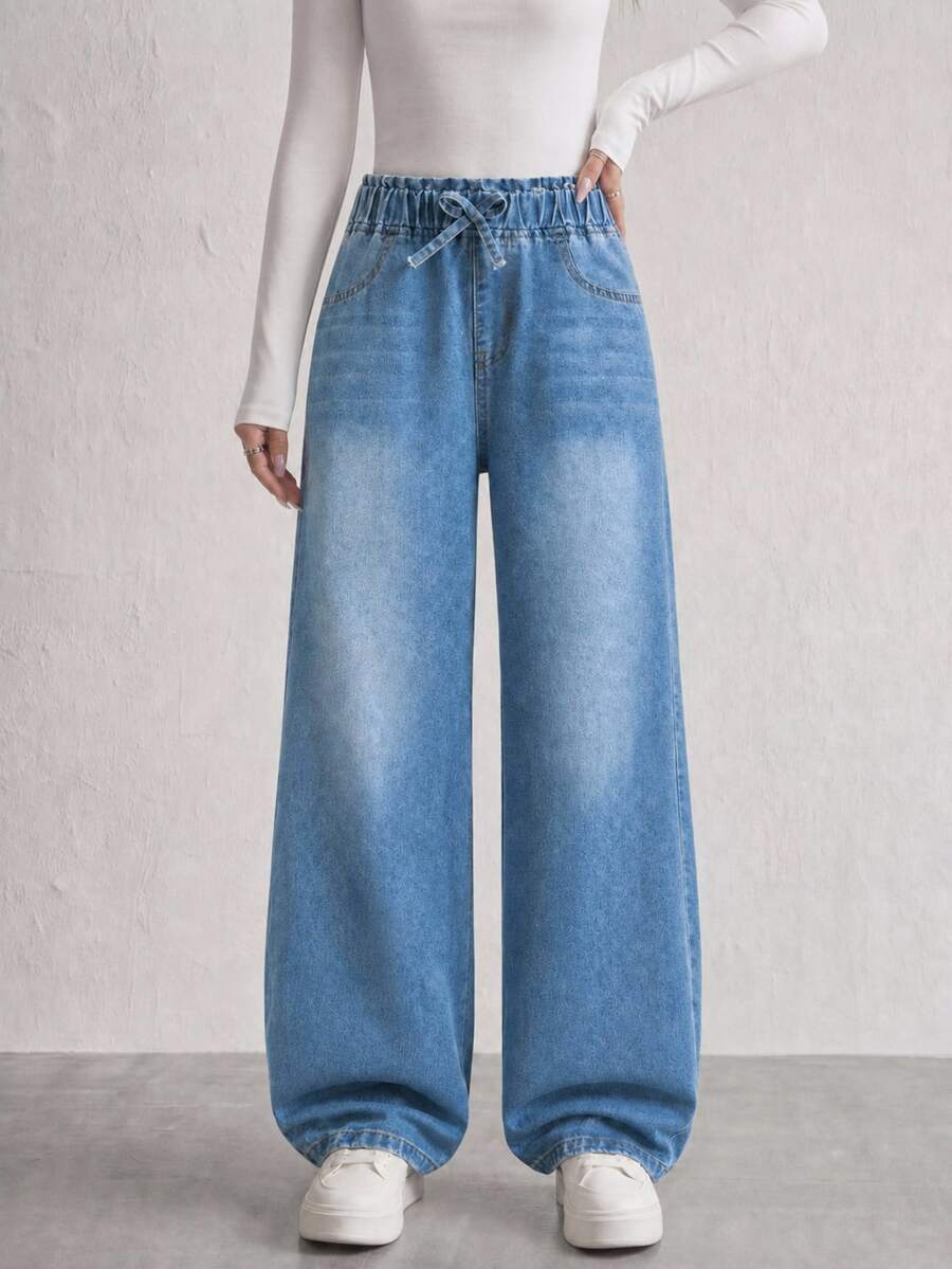 Teen Girls Versatile Loose Wide Leg Denim Jeans, Fashion Casual Style, Bud Waist Design, Light Wash Denim Blue, Suitable For All Seasons, Back To School, Daily Wear, Party, Casual, Multi-Scenario Wear Denim Long Pants - Medium Wash - View 1