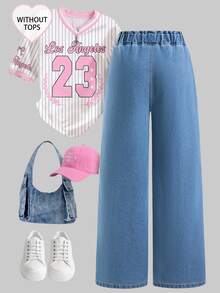 Teen Girls Versatile Loose Wide Leg Denim Jeans, Fashion Casual Style, Bud Waist Design, Light Wash Denim Blue, Suitable For All Seasons, Back To School, Daily Wear, Party, Casual, Multi-Scenario Wear Denim Long Pants - Medium Wash - View 2