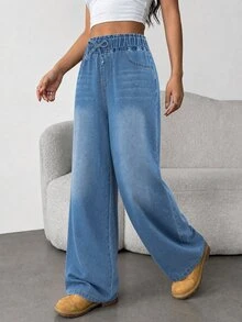 Teen Girls Versatile Loose Wide Leg Denim Jeans, Fashion Casual Style, Bud Waist Design, Light Wash Denim Blue, Suitable For All Seasons, Back To School, Daily Wear, Party, Casual, Multi-Scenario Wear Denim Long Pants - Medium Wash - View 4
