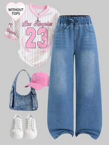 Teen Girls Versatile Loose Wide Leg Denim Jeans, Fashion Casual Style, Bud Waist Design, Light Wash Denim Blue, Suitable For All Seasons, Back To School, Daily Wear, Party, Casual, Multi-Scenario Wear Denim Long Pants - Medium Wash - View 8