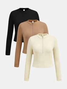 SHEIN 3pcs/Set Teen Girl Colorblock Turtleneck Knit Fitted Casual T-Shirt, Buy 1 Get 3 Free, Back To School Fall Winter - Multicolor - View 1