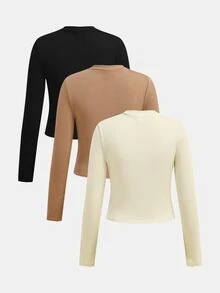 SHEIN 3pcs/Set Teen Girl Colorblock Turtleneck Knit Fitted Casual T-Shirt, Buy 1 Get 3 Free, Back To School Fall Winter - Multicolor - View 2