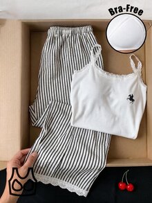 Comfortcana 女款休閒蕾絲飾邊細肩帶背心與黑白條紋長褲兩件套，返校居家夏季穿搭 - 黑與白 - 查看 3