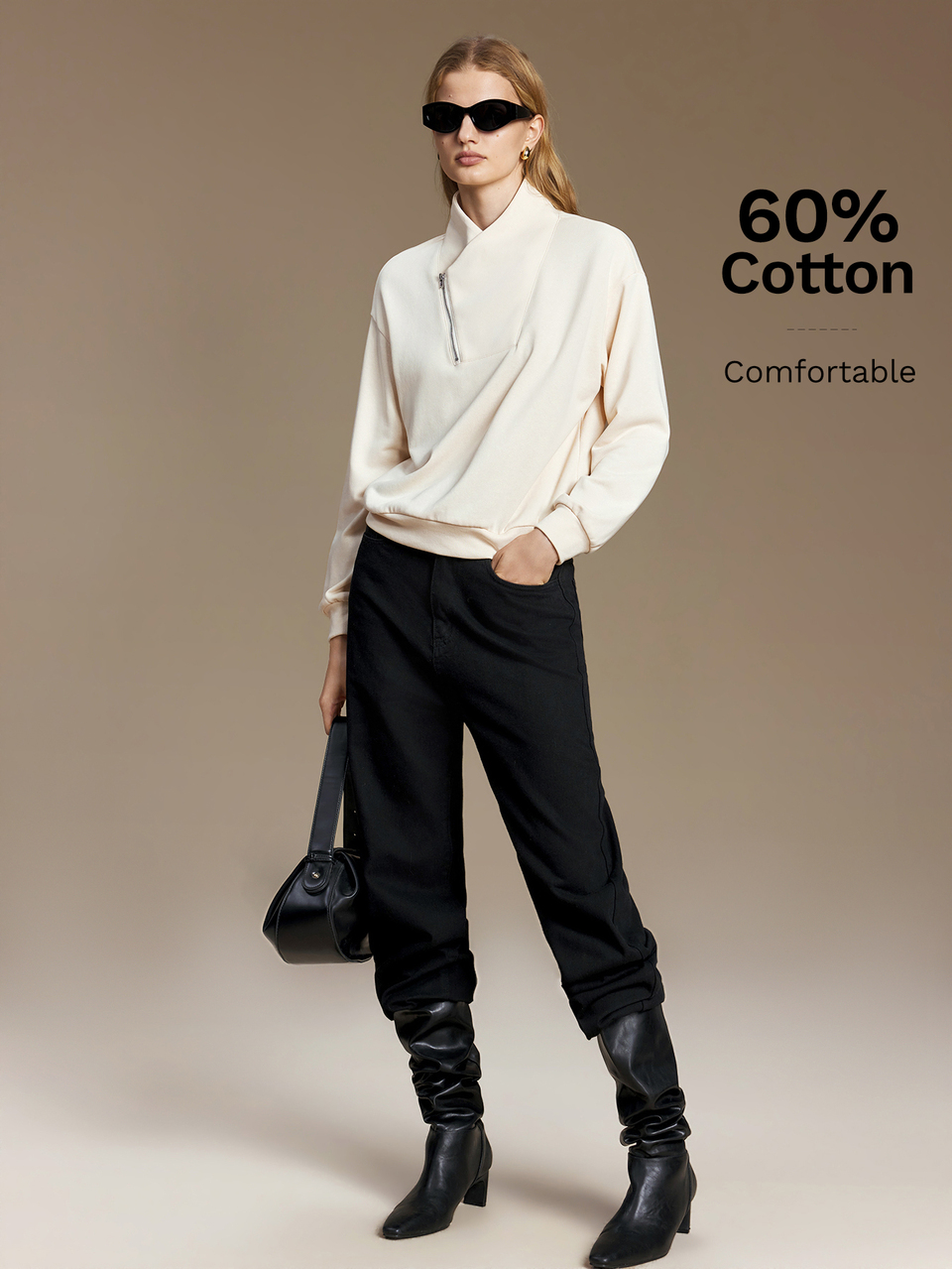 Autumn Women's Loose Fit Solid Cream White Long Sleeve Sweatshirt Small Stand Collar Zipper Turn-Down Collar All-Match Independence Day Everyday Holiday