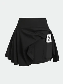 SHEIN Girlism 青少年女孩針織黑色羅紋裙附內建內搭褲休閒款 - 黑色 - 查看 2