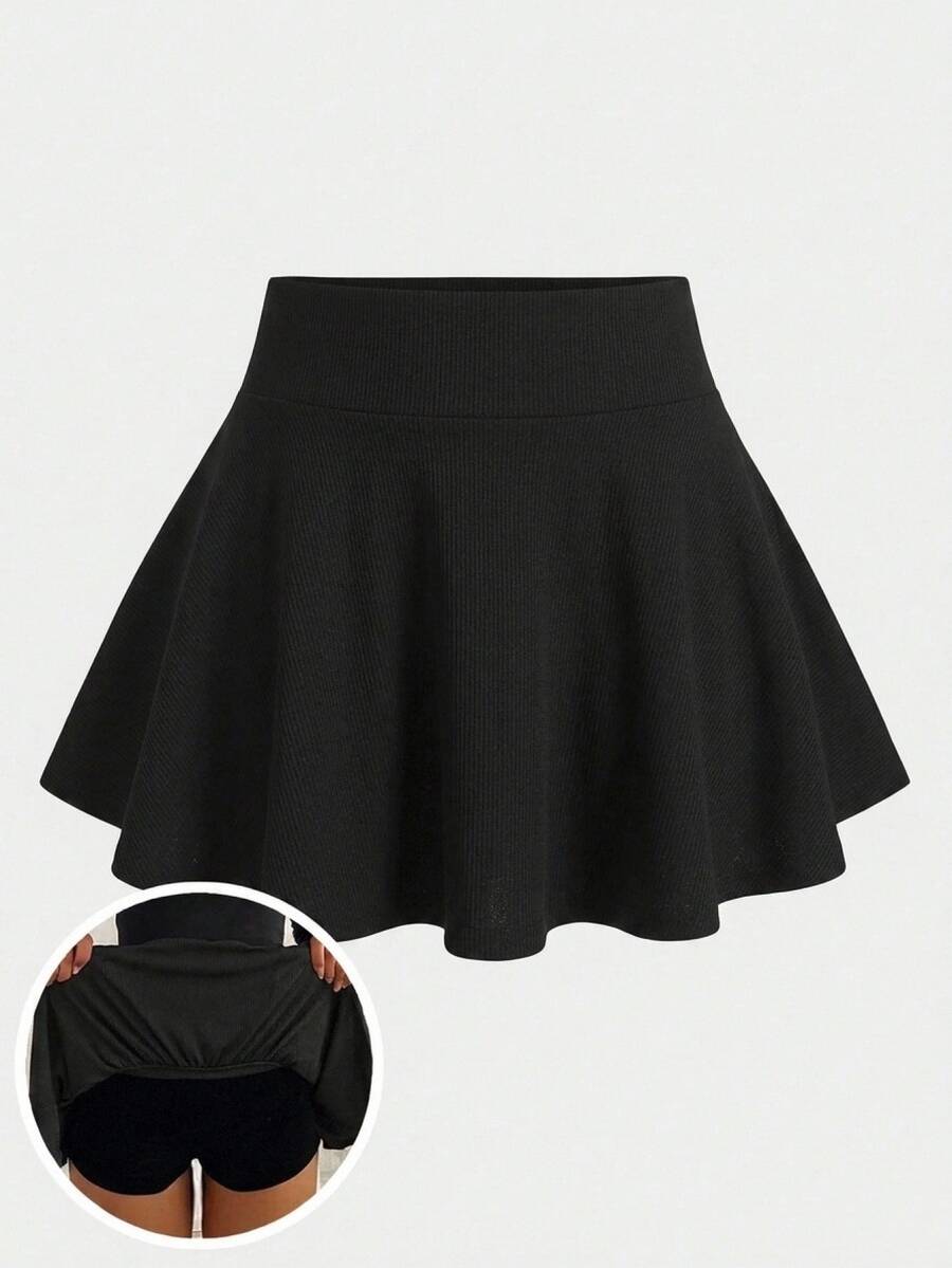 SHEIN Girlism 青少年女孩針織黑色羅紋裙附內建內搭褲休閒款 - 黑色 - 查看 1