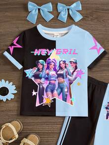 女童對比色K-Pop Superstars卡通印花圓領短袖上衣與喇叭褲2件套，女童復古夏季校園運動套裝 - 彩色 - 查看 4