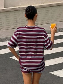 SHEIN 青少年女孩條紋拼接短袖T恤與短褲休閒日常套裝 - 白色 - 查看 2