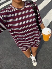SHEIN 青少年女孩條紋拼接短袖T恤與短褲休閒日常套裝 - 白色 - 查看 3
