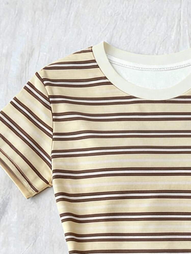 Teen Girl's Pink Striped Form-Fitted Short Sleeve T-Shirt – Casual Basic Top - Multicolor - View 3