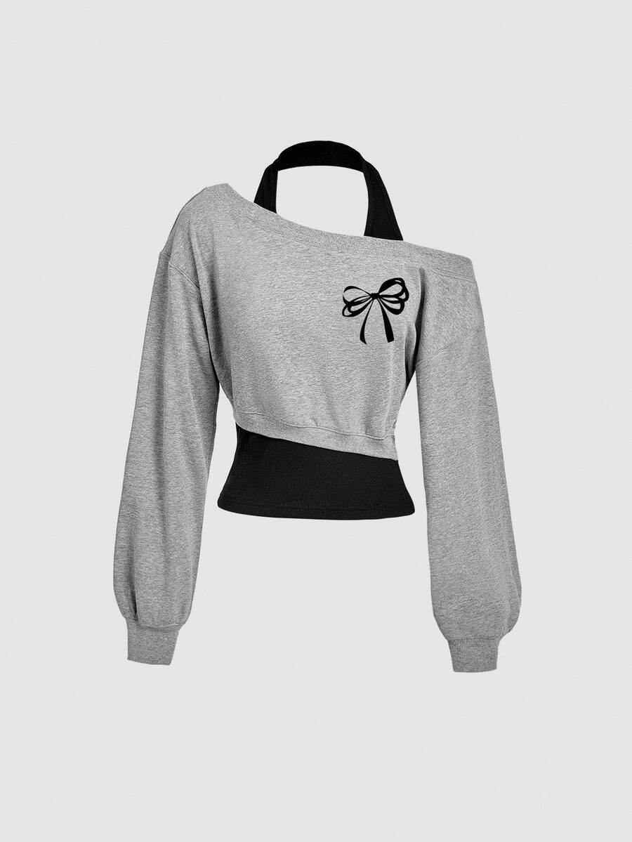 SHEIN MOD Women's Sweatshirt With 2 In 1 Design, Bow Knot Pattern On Chest, Casual Elegant Cute Fashion Modern Urban Fashion Business Casual Office Wear Low-Key - Multicolor - View 1