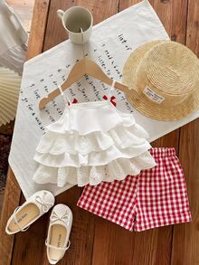 SHEIN 2pcs/Set Young Girls Layered Ruffle Camisole Top And Plaid Loose Shorts,Cute Summer Matching Outfit For Family Vacation,Photoshoot,Camping,Daily Wear - Red - View 2