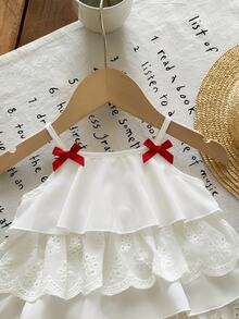 SHEIN 2pcs/Set Young Girls Layered Ruffle Camisole Top And Plaid Loose Shorts,Cute Summer Matching Outfit For Family Vacation,Photoshoot,Camping,Daily Wear - Red - View 3